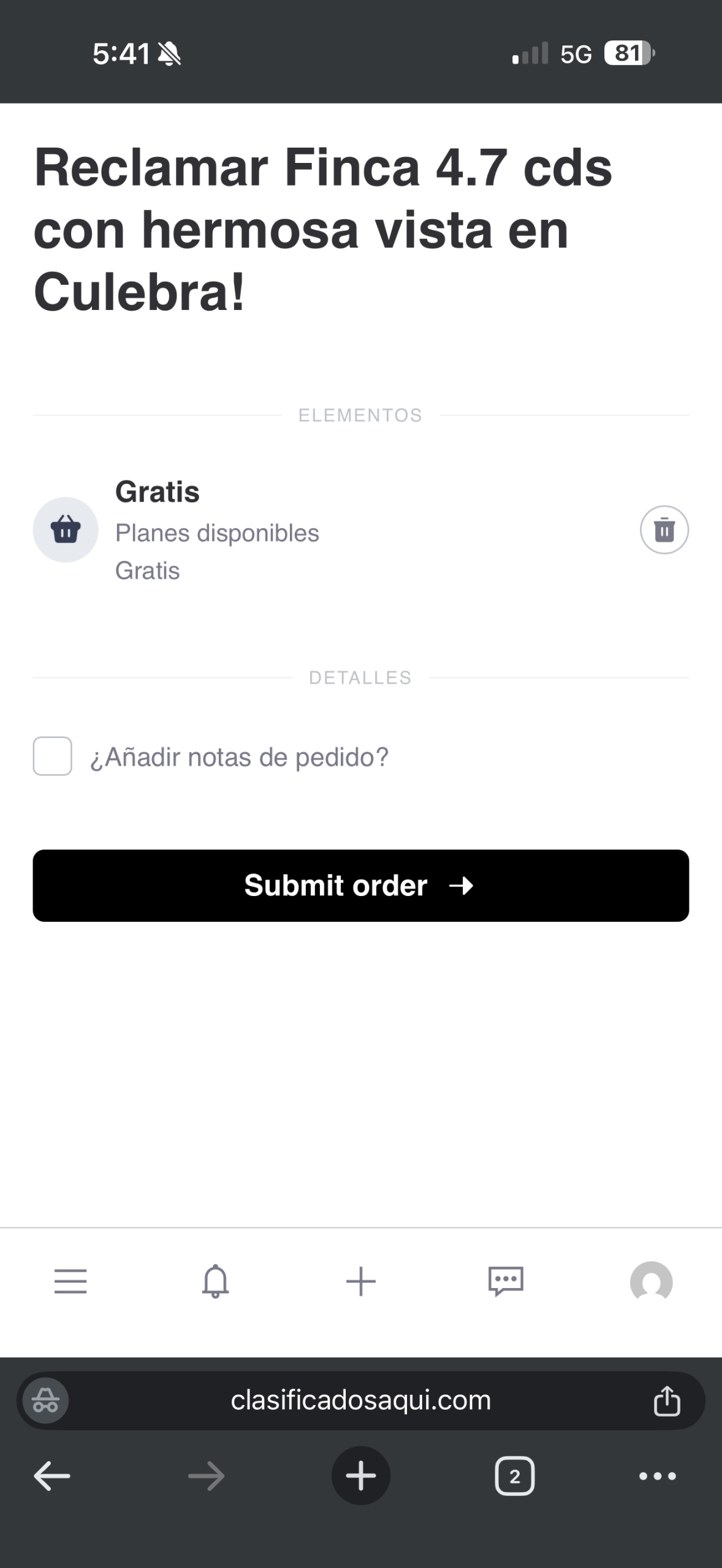 Pantalla de confirmación del pedido para reclamar clasificado