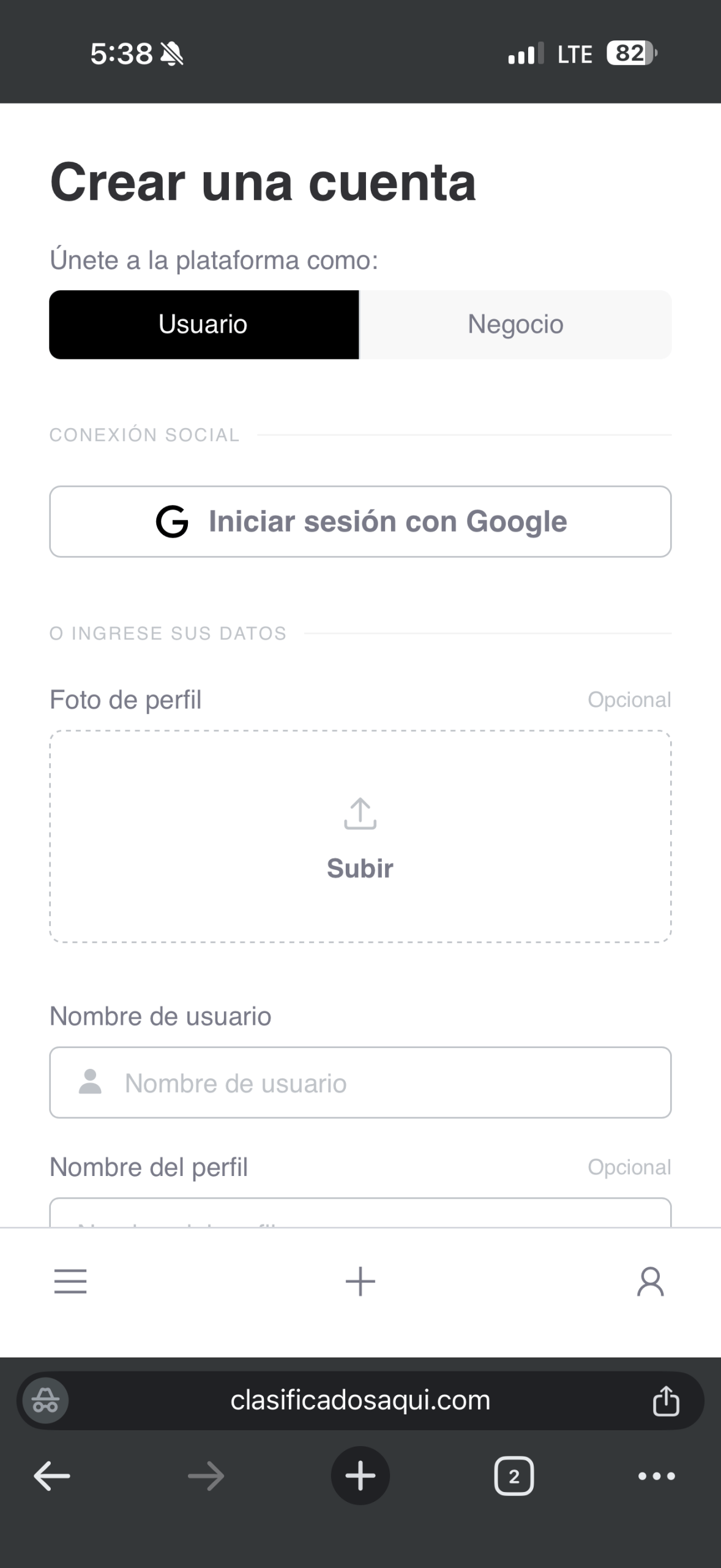 Crear una cuenta en Clasificados Aquí
