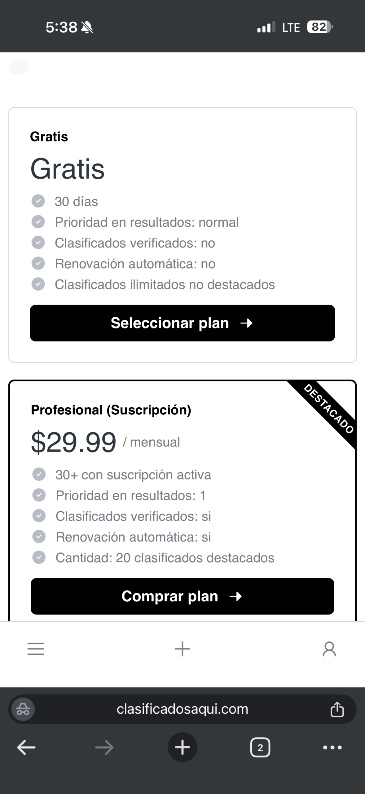 Pantalla para seleccionar un plan al reclamar el clasificado